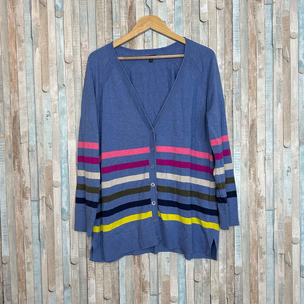 Talbots 2X Blue V Neck Colorful Striped Print‎ Girlfriend Cardigan Sweater Top